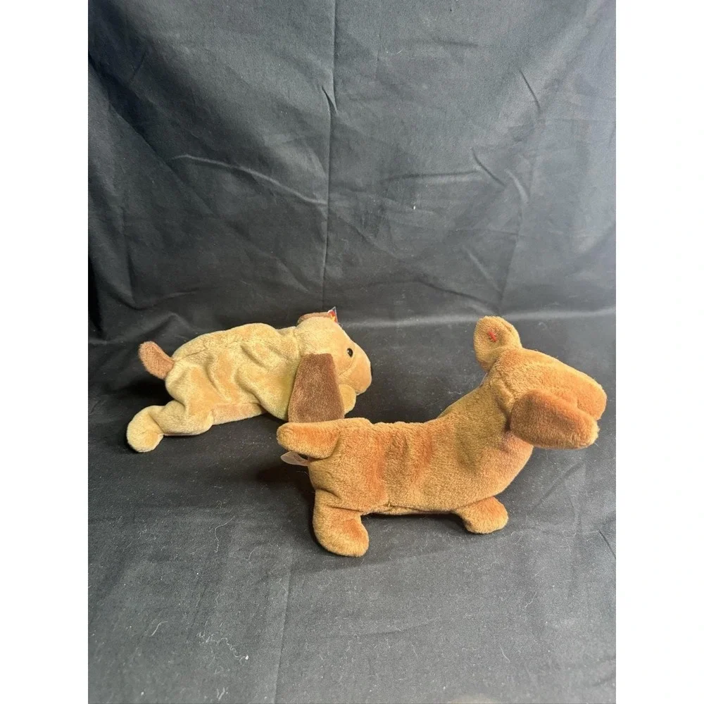 Set of 2 Ty Beanie Babies Bones Dog Plush 1993 1994 Heart Tags PVC Pellets